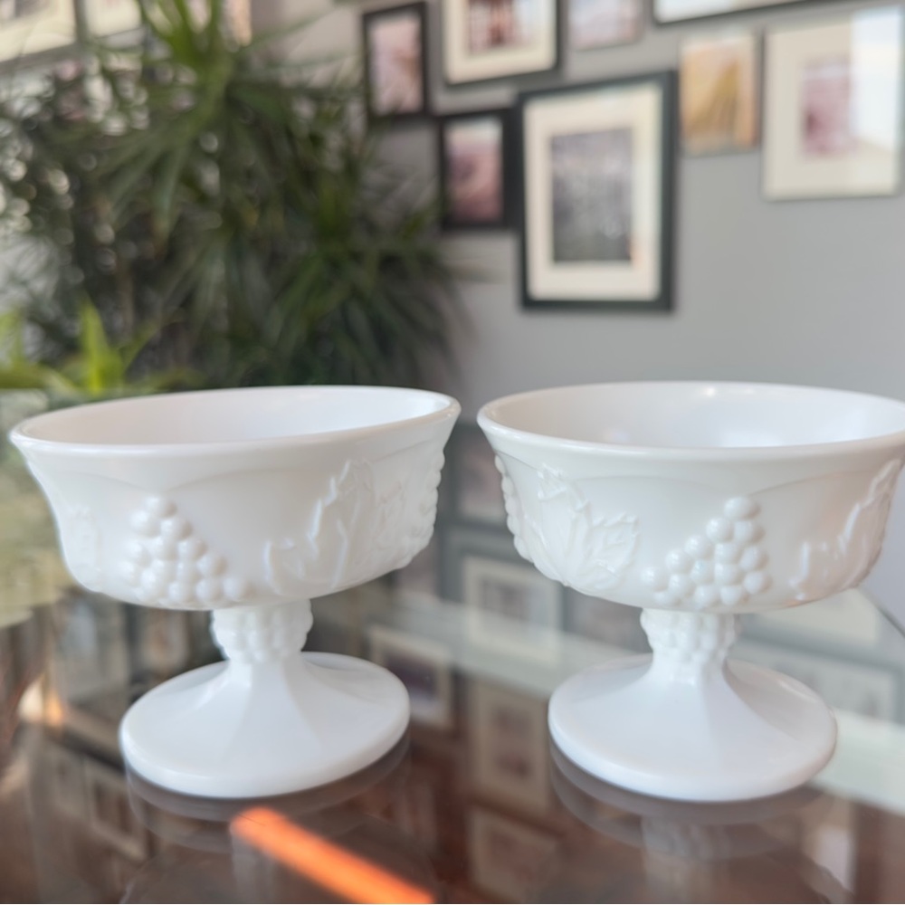 Vintage Pair of Indiana Glass Harvest Grape White Milk Glass Sherbets - Cottage!